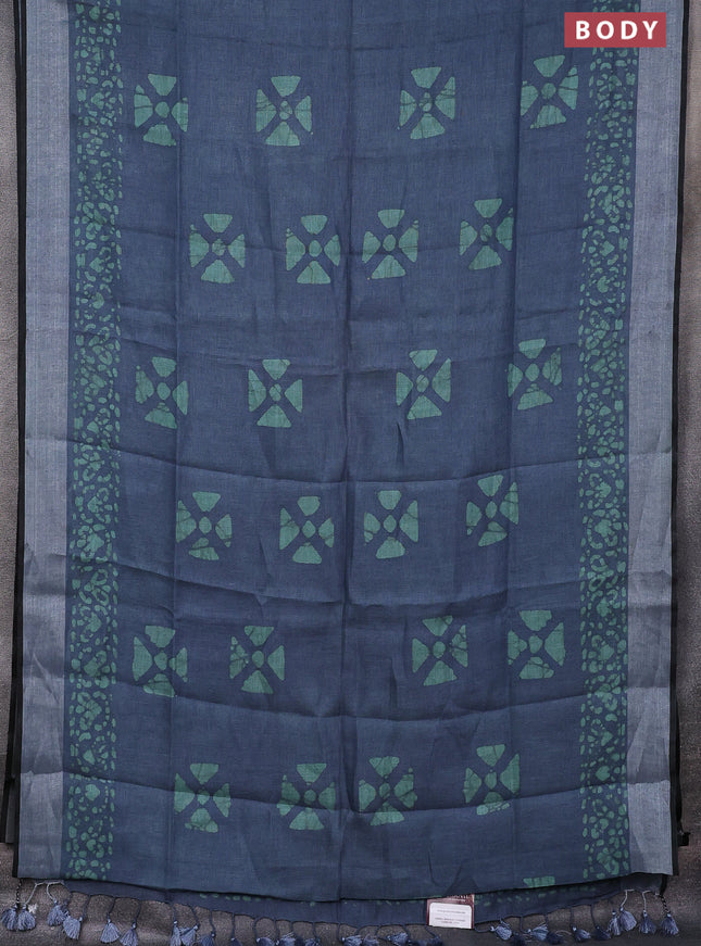 Pure linen saree grey and pastel green with batik butta prints and silver zari woven border