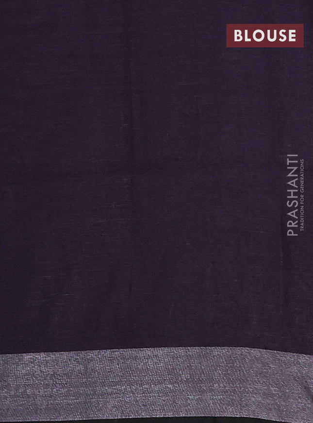 Pure linen saree deep violet with batik butta prints and silver zari woven border