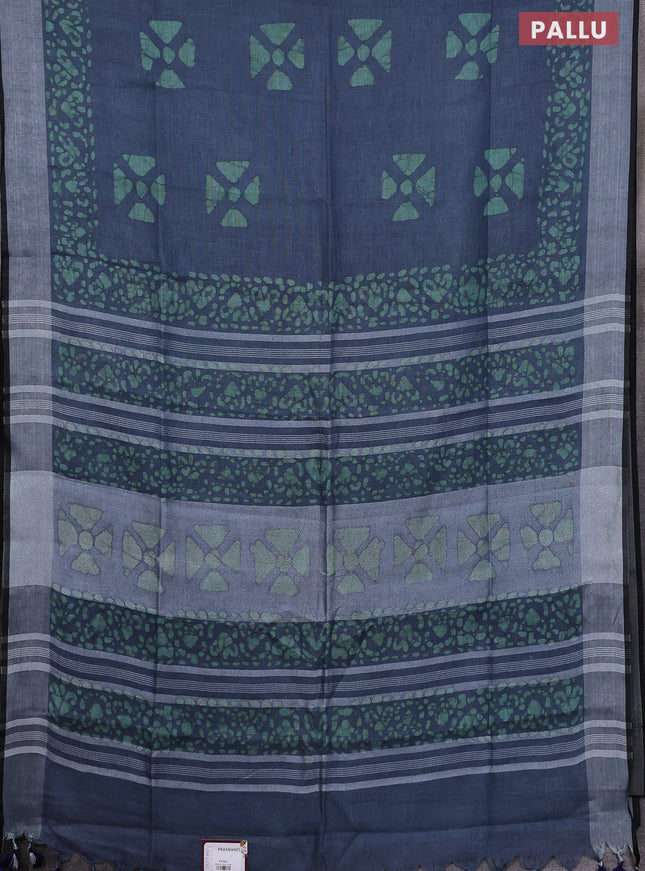 Pure linen saree greyish blue and pastel green with batik butta prints and zari woven border