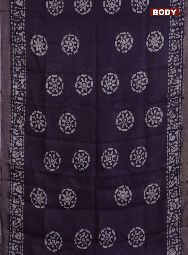 Pure linen saree wine shade with batik butta prints and zari woven border
