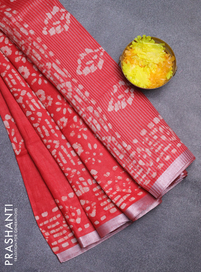 Pure linen saree red with allover batik prints and silver zari woven border