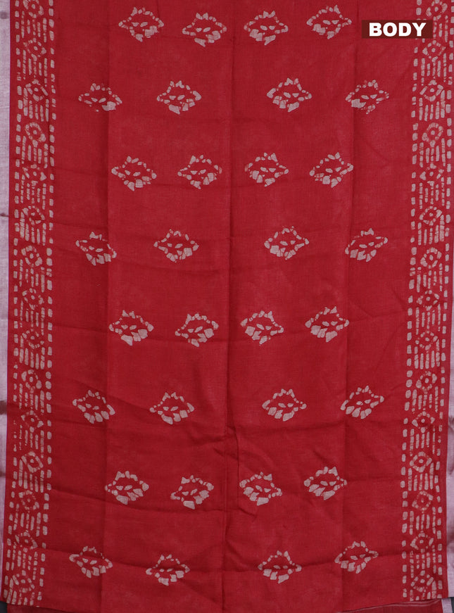 Pure linen saree red with allover batik prints and silver zari woven border
