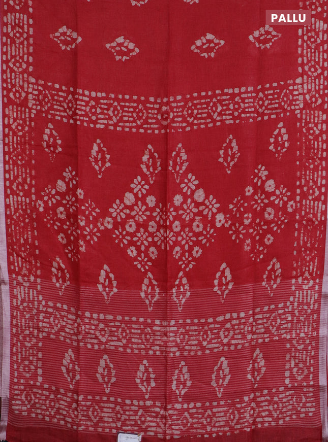 Pure linen saree red with allover batik prints and silver zari woven border