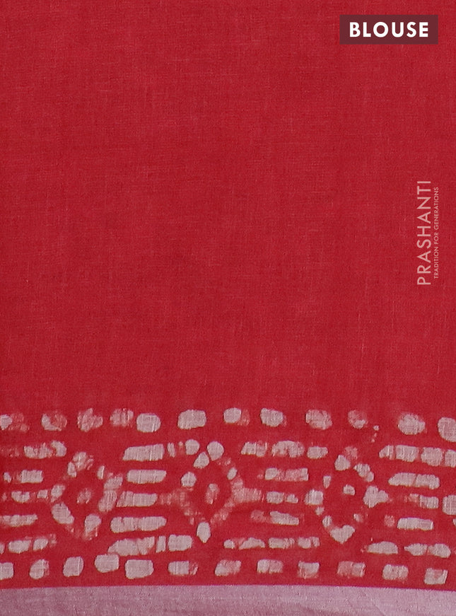 Pure linen saree red with allover batik prints and silver zari woven border