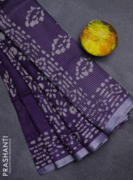 Pure linen saree violet with allover batik prints and silver zari woven border