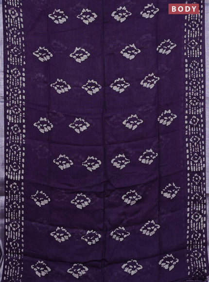 Pure linen saree violet with allover batik prints and silver zari woven border