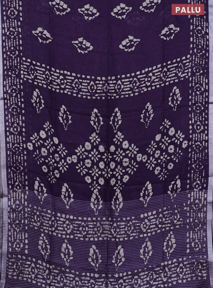 Pure linen saree violet with allover batik prints and silver zari woven border