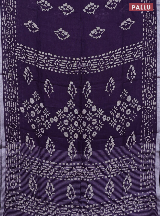 Pure linen saree violet with allover batik prints and silver zari woven border