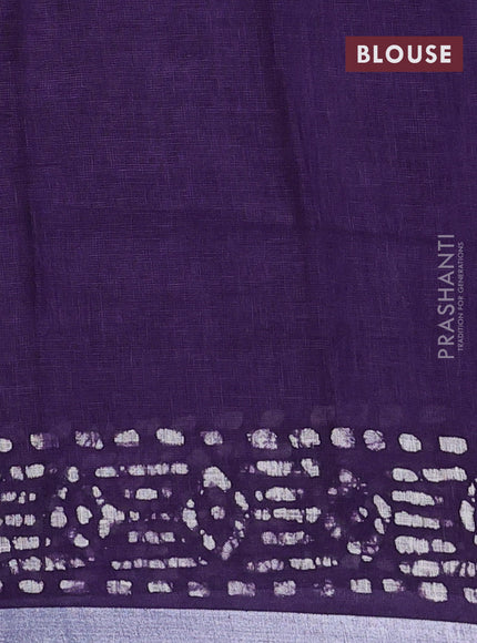 Pure linen saree violet with allover batik prints and silver zari woven border