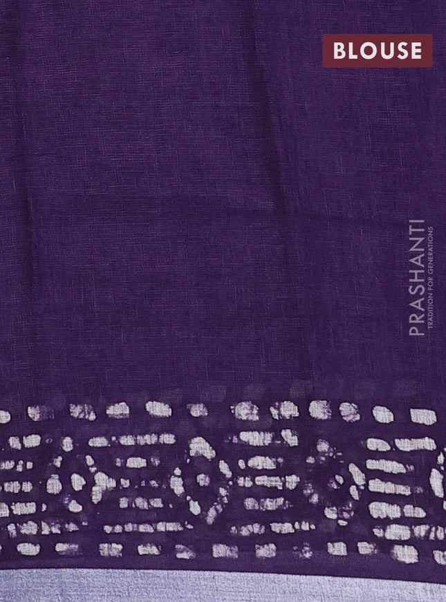 Pure linen saree violet with allover batik prints and silver zari woven border