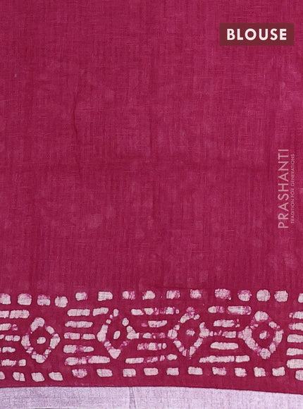 Pure linen saree maroon with allover batik prints and silver zari woven border
