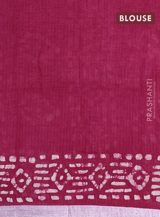 Pure linen saree maroon with allover batik prints and silver zari woven border