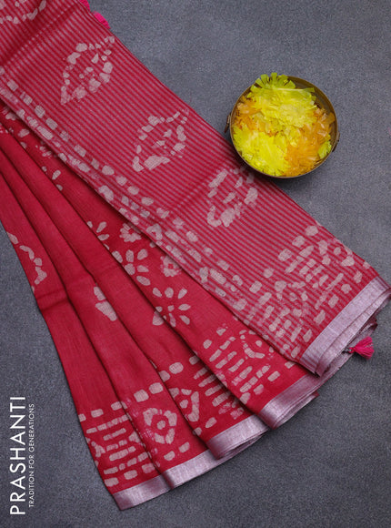 Pure linen saree dark pink with allover batik prints and silver zari woven border