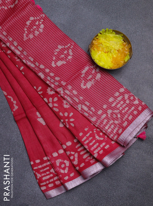 Pure linen saree dark pink with allover batik prints and silver zari woven border