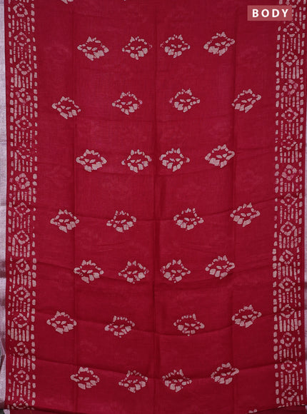 Pure linen saree dark pink with allover batik prints and silver zari woven border