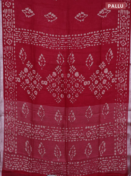 Pure linen saree dark pink with allover batik prints and silver zari woven border