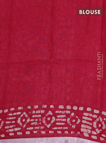 Pure linen saree dark pink with allover batik prints and silver zari woven border