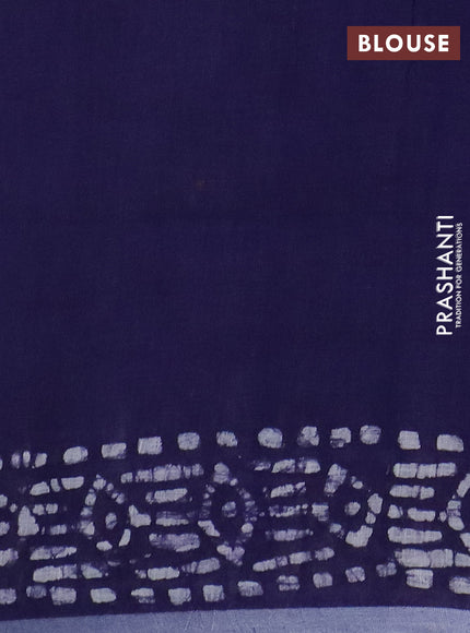Pure linen saree navy blue with allover batik prints and silver zari woven border