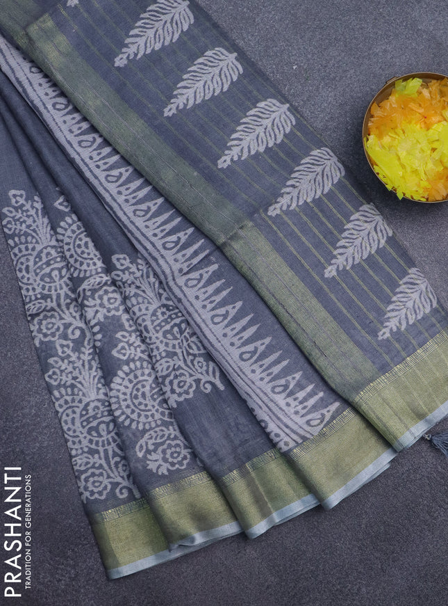 Pure linen saree grey with allover prints and zari woven border