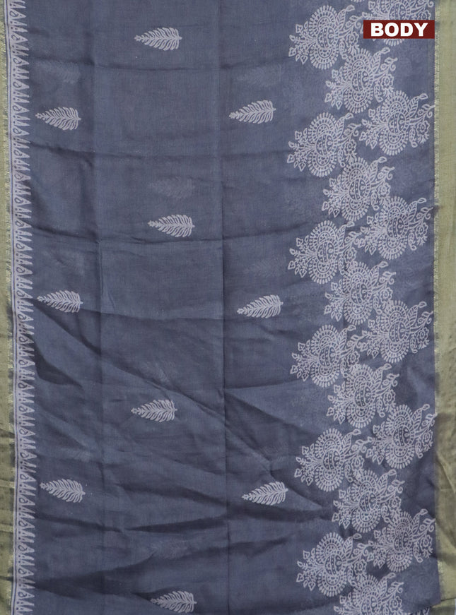 Pure linen saree grey with allover prints and zari woven border