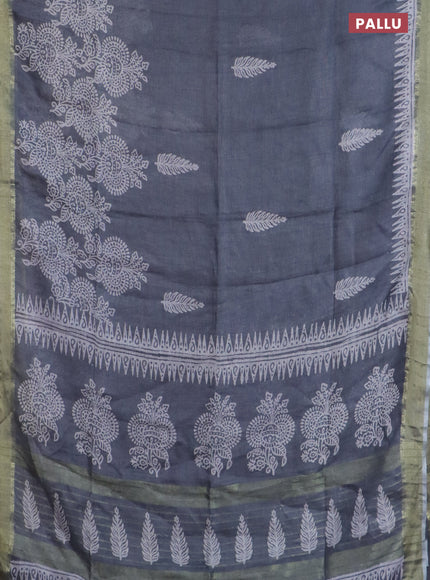 Pure linen saree grey with allover prints and zari woven border