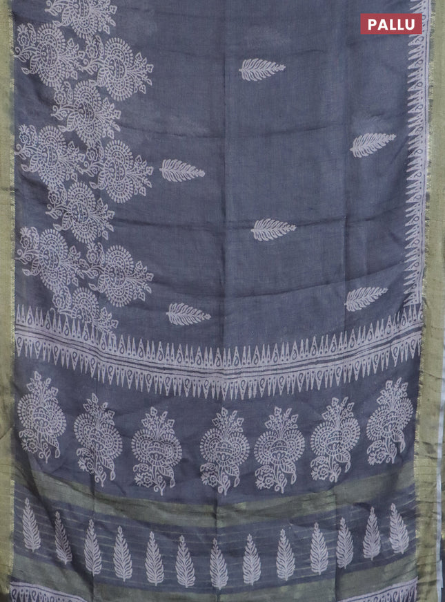 Pure linen saree grey with allover prints and zari woven border