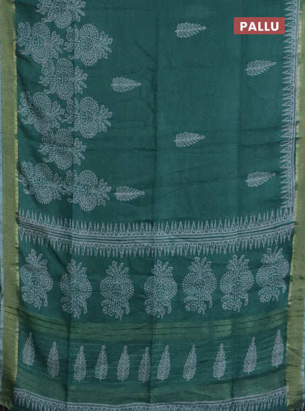Pure linen saree teal green with allover prints and zari woven border