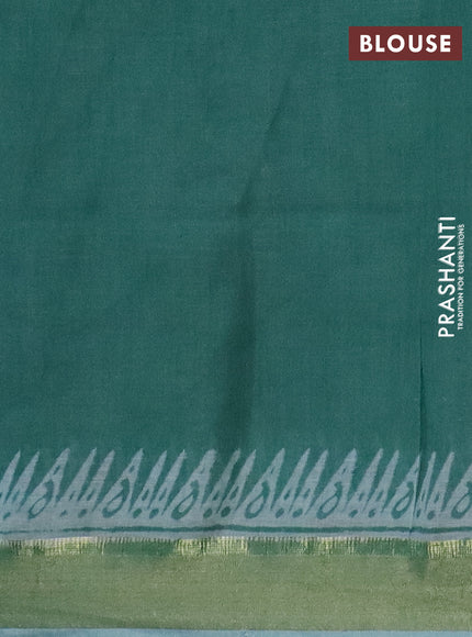 Pure linen saree teal green with allover prints and zari woven border