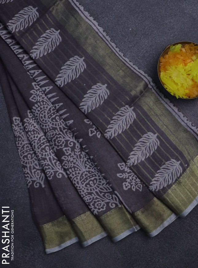 Pure linen saree grey with allover prints and zari woven border