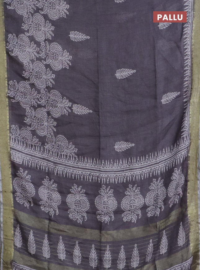 Pure linen saree grey with allover prints and zari woven border