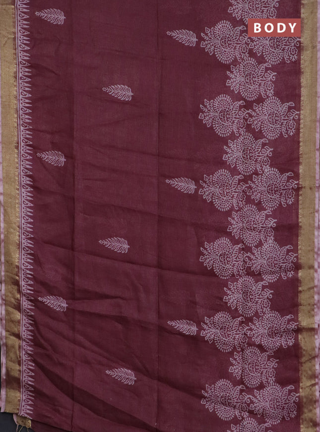 Pure linen saree pastel maroon with allover prints and zari woven border