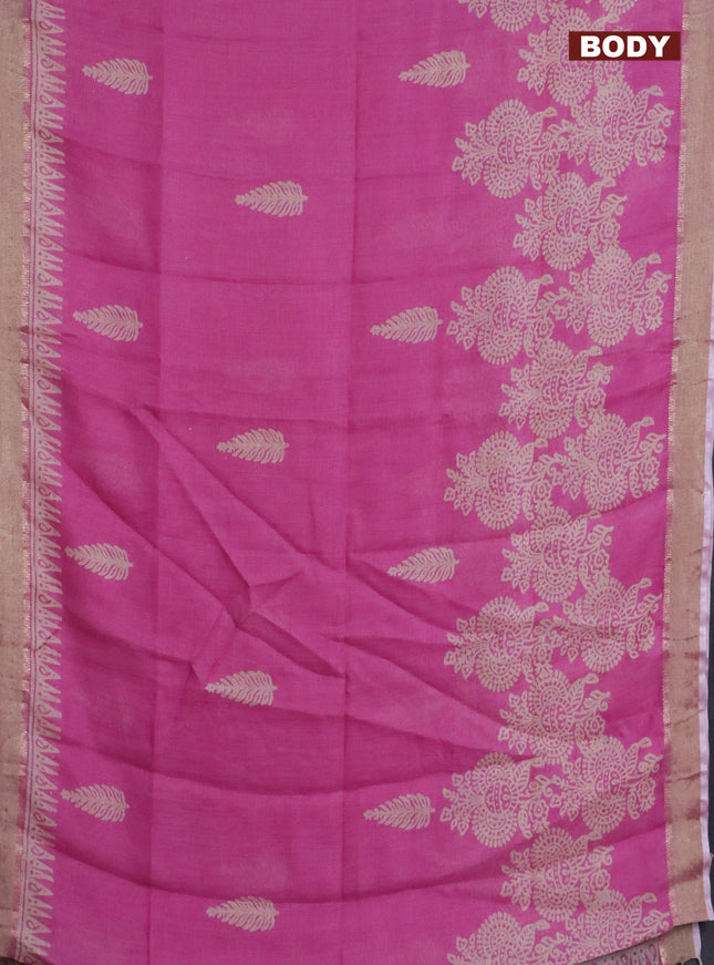 Pure linen saree light pink with allover prints and zari woven border