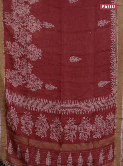 Pure linen saree pastel maroon with allover prints and zari woven border