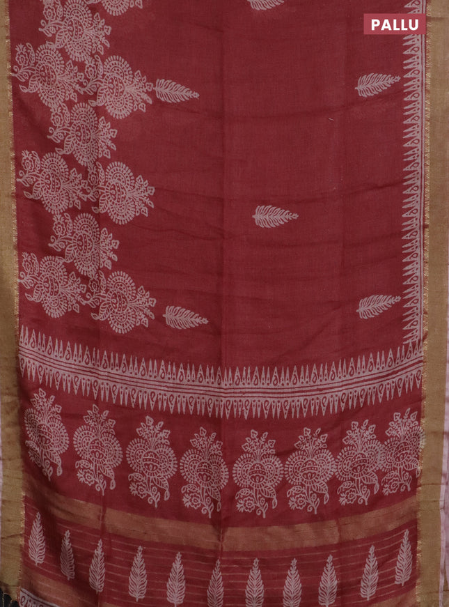Pure linen saree pastel maroon with allover prints and zari woven border