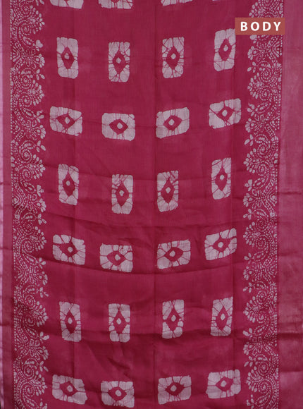 Pure linen saree dark pink with allover batik prints and zari woven border