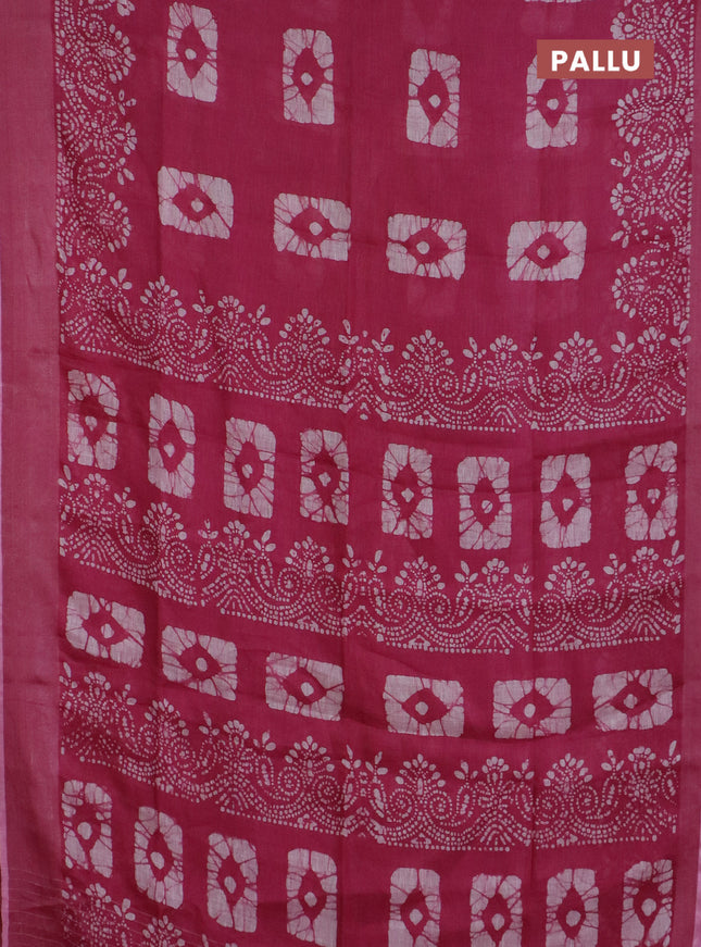 Pure linen saree dark pink with allover batik prints and zari woven border