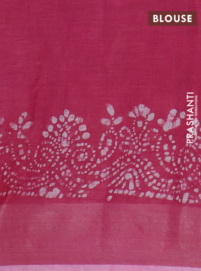 Pure linen saree dark pink with allover batik prints and zari woven border