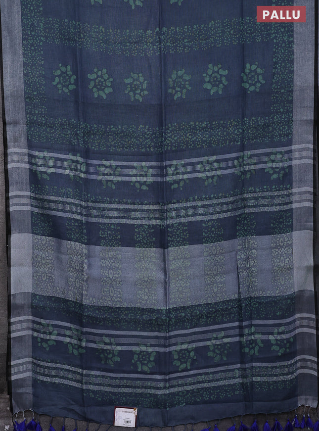 Pure linen saree bluish grey and black with allover batik prints and silver zari woven border