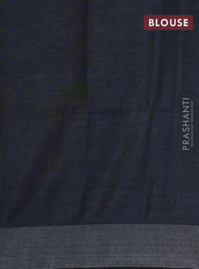 Pure linen saree bluish grey and black with allover batik prints and silver zari woven border