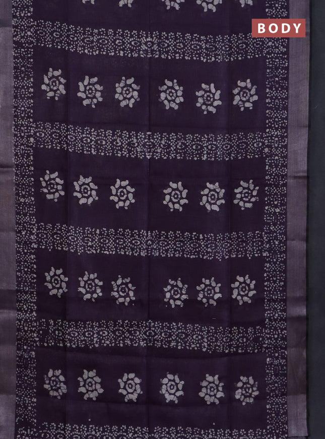 Pure linen saree deep violet and black with allover batik prints and silver zari woven border