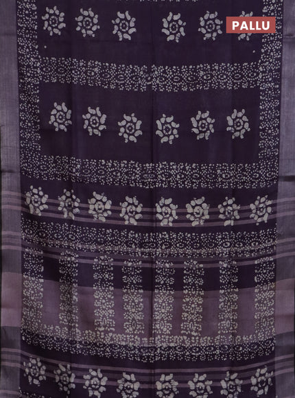 Pure linen saree deep violet and black with allover batik prints and silver zari woven border