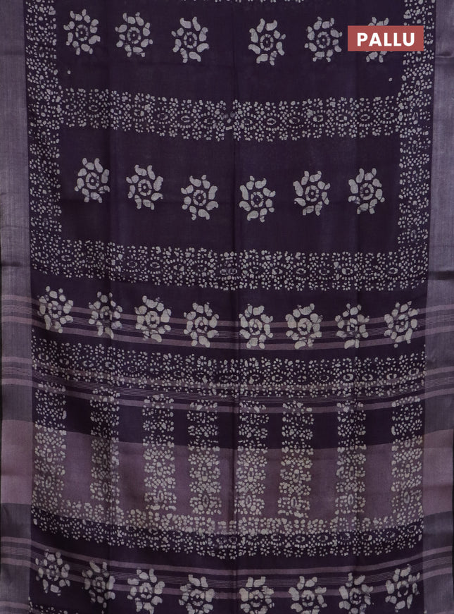 Pure linen saree deep violet and black with allover batik prints and silver zari woven border