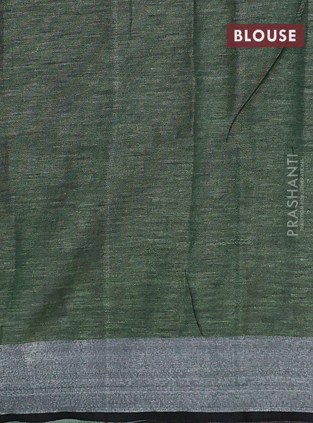 Pure linen saree green shade and black with allover batik prints and silver zari woven border