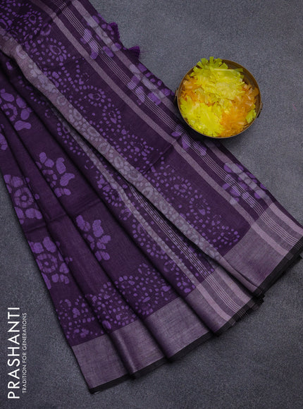 Pure linen saree violet and black with allover batik prints and silver zari woven border