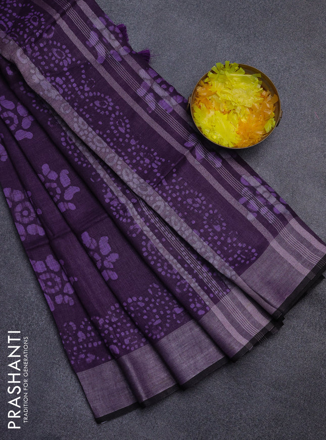 Pure linen saree violet and black with allover batik prints and silver zari woven border