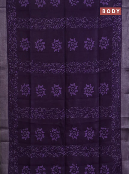 Pure linen saree violet and black with allover batik prints and silver zari woven border