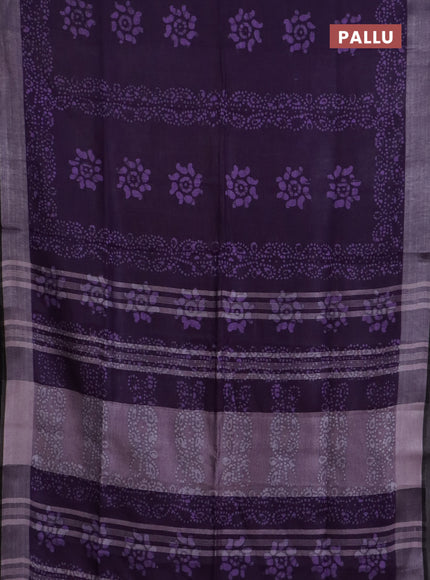 Pure linen saree violet and black with allover batik prints and silver zari woven border