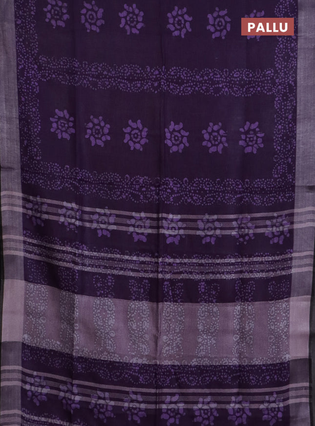 Pure linen saree violet and black with allover batik prints and silver zari woven border