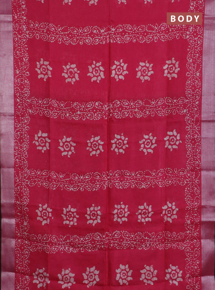 Pure linen saree pink and black with allover batik prints and silver zari woven border