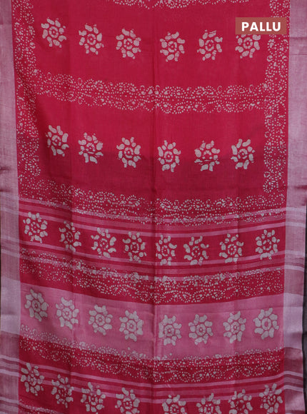 Pure linen saree pink and black with allover batik prints and silver zari woven border
